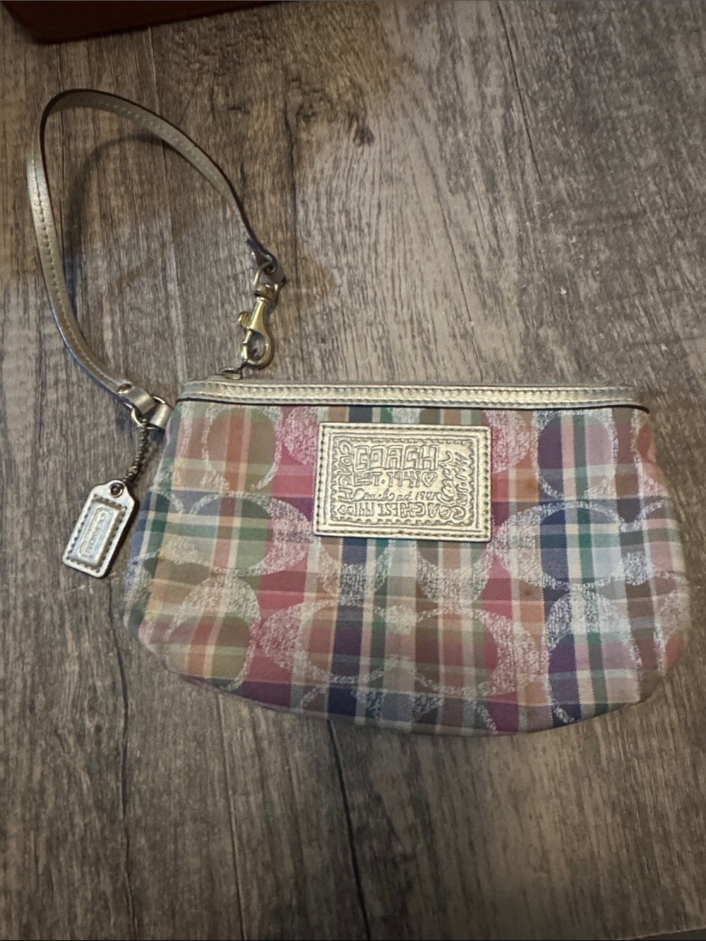 Coach Multicolor Plaid Wristlet with Gold Accents